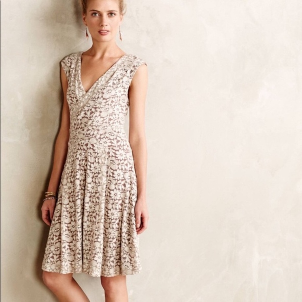 Maeve Cream and Red Lace Overlay Dress
